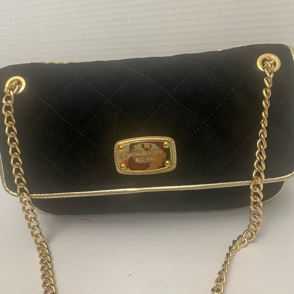 Michael Kors Jet Set Quilted Black Velvet Crossbody Bag with Gold Chain